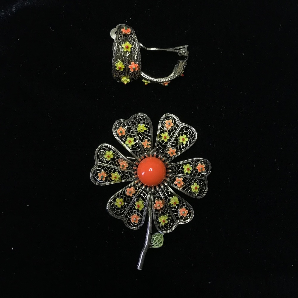 Vintage Flower Brooch & Earrings